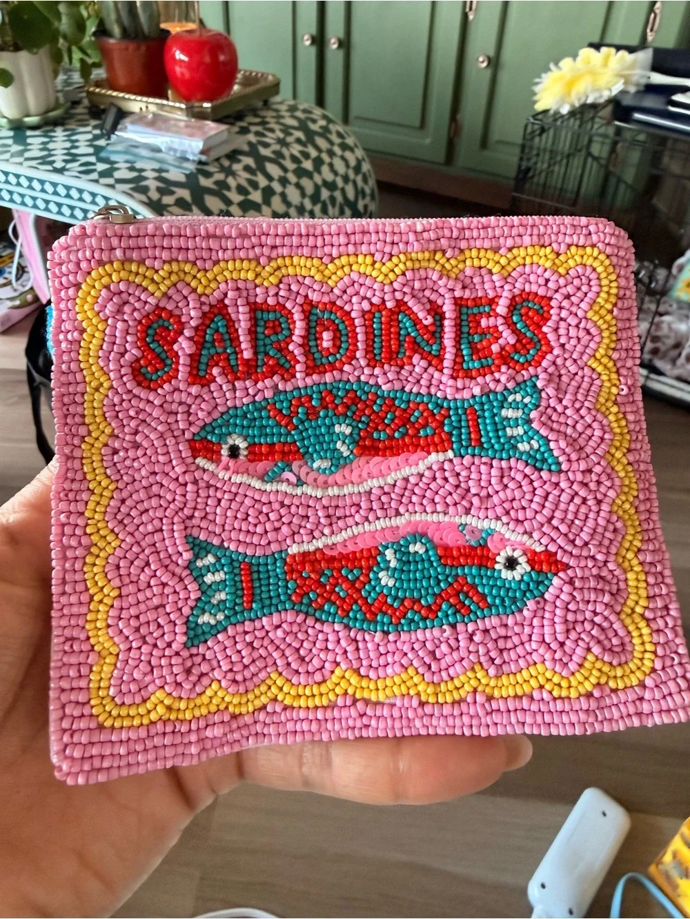 Sardines Beaded Fish Pouch - Pink & Teal